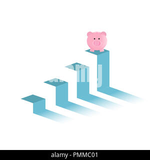 Salvadanaio nella parte superiore di un grafico di business. illustrazione isolato su bianco Foto Stock