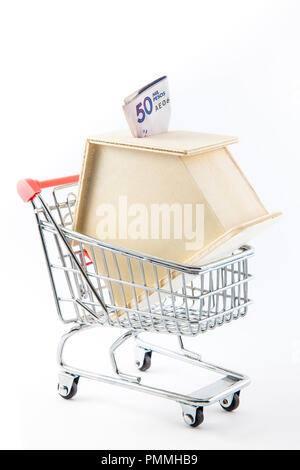 Acquisto di un nuovo concetto di casa. Casa a forma di scatola di denaro in un carrello della spesa Foto Stock
