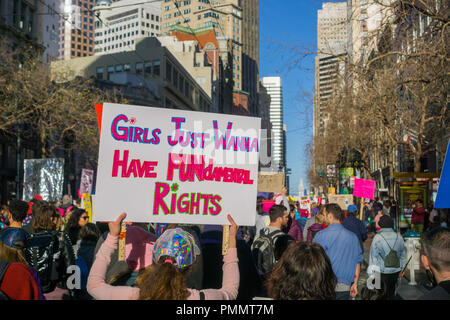 Gennaio 20, 2018 San Francisco / CA / STATI UNITI D'AMERICA - segno originale portato da uno dei partecipanti alle donne di marzo; folle di persone in background Foto Stock