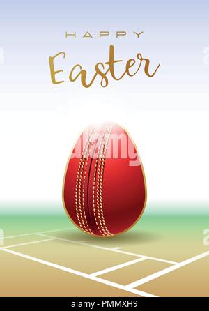 Felice Pasqua. Sport biglietto di auguri. Cricket realistica sfera a forma di uovo di Pasqua. Illustrazione Vettoriale. Illustrazione Vettoriale