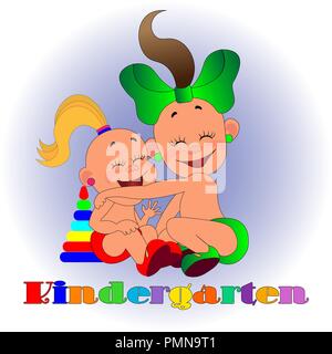 Due ragazze godere il gioco insieme, un cartello del logo kindergarten Illustrazione Vettoriale