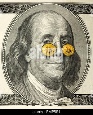 Close-up ritratto di Franklin con occhiali bitcoin Foto Stock