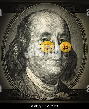 Un ritratto di Franklin in stile grunge close-up, con occhi bitcoin Foto Stock