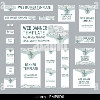 Set di banner per agenzia di viaggi. Modelli di Web di dimensioni standard. Illustrazione Vettoriale. Un uccello nel cielo. Illustrazione Vettoriale