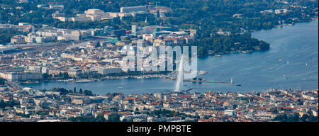 Antenna vista panoramica del centro di Ginevra, fontana e il lago. Foto Stock