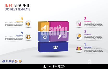 Business infographics blocco del template di stile con 5 passi, opzioni, illustrazione vettoriale layout design per il business plan, strategia o per qualsiasi scopo. Illustrazione Vettoriale