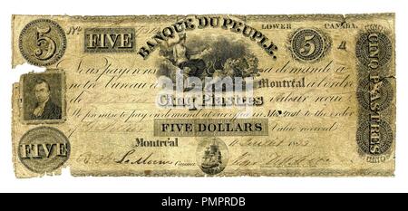 Billetta de 5 piastres de la Banque du Peuple. Foto Stock
