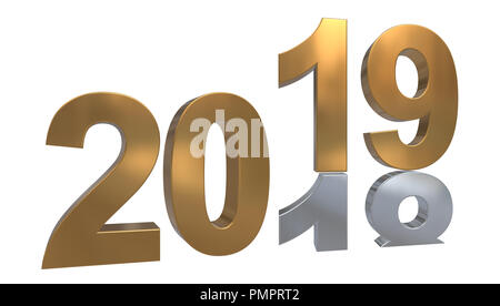 Ruotare dell'anno 3D Graphic - anno 2019 in oro si erge sul numero 2018 in argento di fronte a uno sfondo bianco Foto Stock
