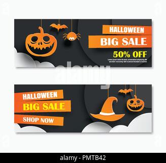Halloween Vendita banner con luna oscura carta sfondo d'arte. Illustrazione Vettoriale modello voucher. Utilizzare per creare poster, flyer, coupon, sito web. Illustrazione Vettoriale