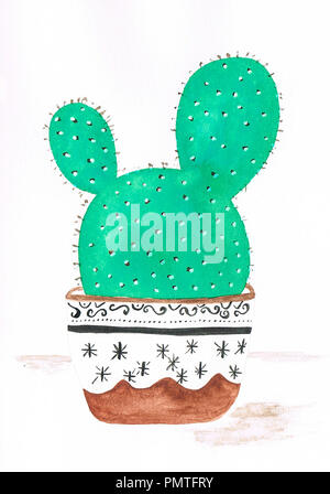 Illustrazione fatta a mano di cactus bunny orecchie nel dettaglio in un vaso di fiori Foto Stock