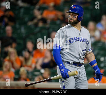 Baltimore, Stati Uniti d'America. Xix Sep, 2018. Toronto Blue Jays Center Fielder #11 Kevin pilastro durante un Major League Baseball gioco tra il Baltimore Orioles e il Toronto Blue Jays a Camden Yards a Baltimora, MD. Justin Cooper/CSM/Alamy Live News Foto Stock