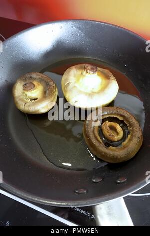 Pieno di funghi cotti in olio di oliva in una padella posta su un piano di cottura ad induzione Foto Stock