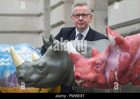 Ambiente segretario Michael Gove con il brosmio fiducia rhino statue d'arte al di fuori del Foreign Office di Londra, precedendo il traffico illegale di fauna selvatica Trade Conference. Foto Stock