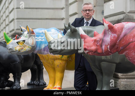 Ambiente segretario Michael Gove con il brosmio fiducia rhino statue d'arte al di fuori del Foreign Office di Londra, precedendo il traffico illegale di fauna selvatica Trade Conference. Foto Stock