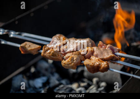 Primo piano di alcuni spiedini di carne alla griglia essendo in un barbecue con il fuoco Foto Stock