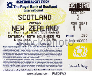 Biglietto per la Scozia contro la Nuova Zelanda Rugby Union International al Murrayfield Stadium di Edimburgo, sabato 20 novembre 1993. Punteggio finale 15-51. Foto Stock