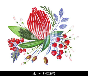 Illustrazione del disegno a matita bouquet di fiori in colori luminosi per vari tipi di isolato Foto Stock