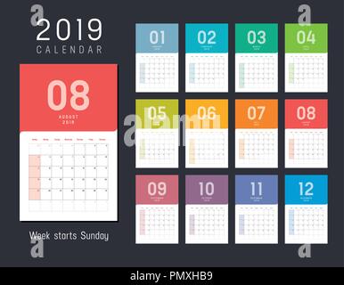 Anno 2019 calendario colorate, settimane inizio Domenica - template vettoriale. Illustrazione Vettoriale