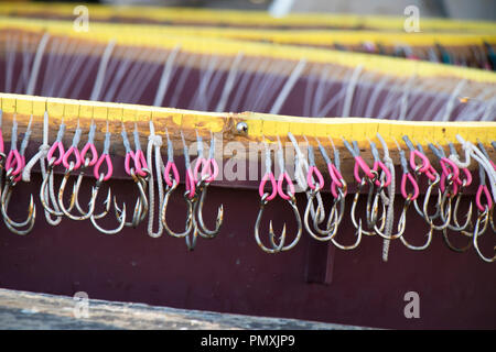 Linea lunga attrezzi da pesca, contenitori con ganci all'interno di una barca, attrezzature per commerciale tradizionale tecnica di pesca nel mare Adriatico Foto Stock