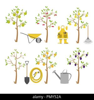 Alberi da frutto. Giardino. Imposta icona. Illustrazione Vettoriale Illustrazione Vettoriale