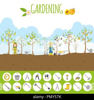 Lavori di giardinaggio, allevamento ed infografico. Modello di grafico. Appartamento di design di stile. Illustrazione Vettoriale Illustrazione Vettoriale