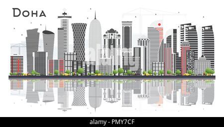 Doha in Qatar Skyline con edifici grigi isolati su sfondo bianco. Illustrazione Vettoriale. Viaggi di affari e turismo concetto con architettura moderna Illustrazione Vettoriale