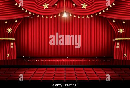 Red sipario di un palcoscenico con posti a sedere e uno spazio di copia. Teatro, Opera o il Cinema scena. Luce su un pavimento. Illustrazione Vettoriale. Illustrazione Vettoriale
