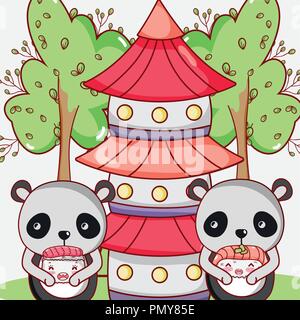 Il Sushi e pandas kawaii Illustrazione Vettoriale