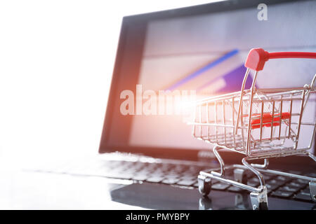 Shopping online concetto. Carrello spesa carrello sul computer portatile con una carta di credito sulla borsa con cerniera Foto Stock