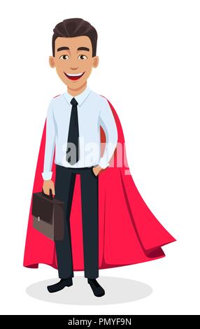 Business man personaggio dei fumetti che indossa red cape come supereroe e valigetta di contenimento. Bel giovane imprenditore sorridente in ufficio stile vestiti - sto Illustrazione Vettoriale