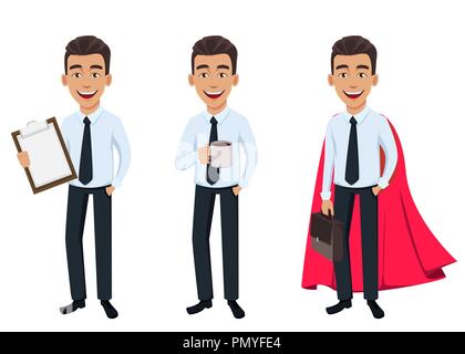 Business man, set di tre pose. Personaggio dei fumetti holding appunti, di foratura e di caffè che indossa il capo di supereroi. Bel giovane imprenditore sorridente in Illustrazione Vettoriale