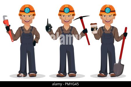 Il minatore uomo, lavoratore di data mining, set di tre pose. Bel personaggio dei fumetti tenendo la chiave tenendo piccone e la pala di contenimento. Illustrazione Vettoriale Illustrazione Vettoriale
