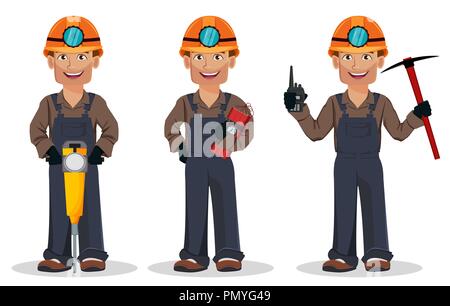 Il minatore uomo, lavoratore di data mining, set di tre pose. Bel personaggio dei fumetti holding jackhammer, tenendo la dinamite e azienda di piccone. Illustrazione Vettoriale Illustrazione Vettoriale