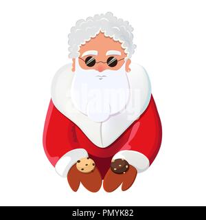 Babbo Natale in carattere offrendo i cookie. Alternativa Santa illustrazione vettoriale.stilizzata Santa indossando occhiali da sole come un elemento per segreto santa festa. Illustrazione Vettoriale