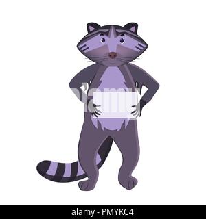 Cartoon raccoon tenendo un foglio bianco isolato su sfondo bianco. Carattere animale per il design. Illustrazione Vettoriale