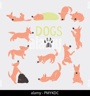 Orange cartoon dog set di caratteri. Dodici cani rosso in diverse pose. Illustrazione Vettoriale