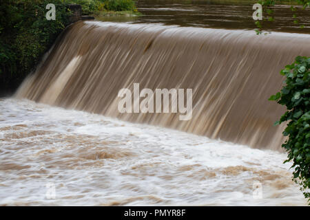 Pioggia marrone runoff da uragano Florence precipita sul canale di scarico sul fiume Readdies in North Wilkesboro, NC. Foto Stock