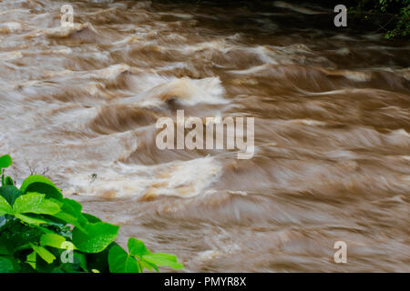 Il tempo di esposizione delle onde stazionarie nel fangoso, impetuose acque del fiume Readdies dopo l uragano Firenze. Foto Stock