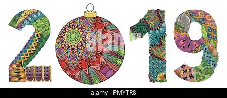 Dipinte a mano e art design. Colori disegnati a mano illustrazione. Il numero due mila e diciannove zentangle oggetto. Illustrazione Vettoriale