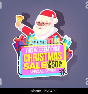 Vendita di Natale Sticker vettore. Santa Claus. Shopping. Venerdì nero vacanza metà prezzo adesivi colorati. Compra etichetta. Illustrazione isolato Illustrazione Vettoriale