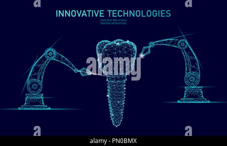 3d innovazione dente braccio robot concetto poligonale. Stomatologia simbolo bassa poli triangolo astratto dentale orale cure mediche business. Punto collegata moderno di particelle blu render illustrazione vettoriale Illustrazione Vettoriale