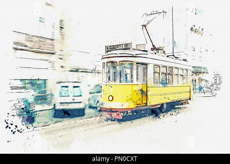 Schizzo con acquarello o illustrazione di un tradizionale vecchio tram si sta spostando verso il basso la strada a Lisbona in Portogallo. Foto Stock