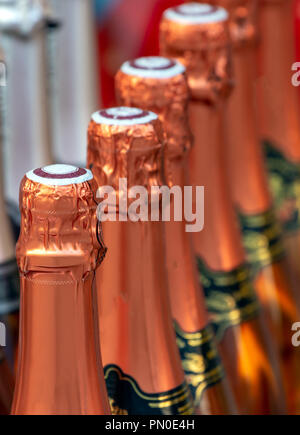 Primo piano di una fila di champagne colli di bottiglia Foto Stock