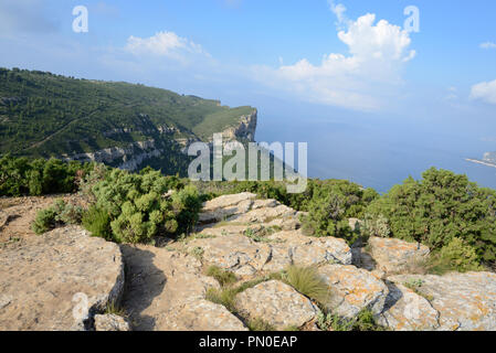 Vista dalla scogliera Route des Crêtes, Coast Road & sentiero costiero, fra Cassis & La Ciotat sulla costa mediterranea Provenza Francia Foto Stock