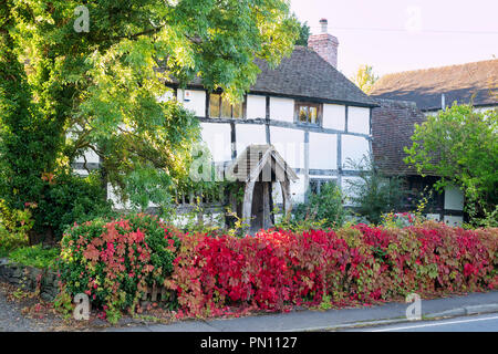 Bianco e Nero italiano la struttura di legno Cottage. Eardisland, Herefordshire, Inghilterra Foto Stock