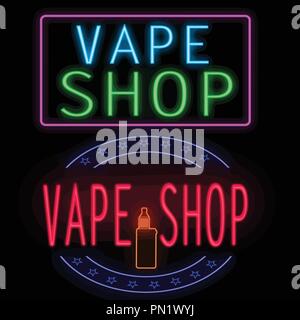 Negozio di Vape incandescente insegna al neon su sfondo nero, illustrazione vettoriale Illustrazione Vettoriale