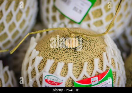 Bangkok, Tailandia - 23 Aprile 2017: jumbo extra grade di giapponese di meloni in vendita presso la o Tor Kor mercato fresco. Un melone è la famiglia delle cucurbitacee Foto Stock