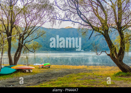 Bella mattina al Lago Saiko in Yamanashi, Giappone con le barche colorate parcheggiato sotto gli alberi sul lungomare di lago e montagna sfondo. Foto Stock