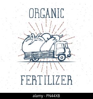 Disegnata a mano il carrello con il gigante di verdure con fertilizzante organico Lettering. Vettore Illustrazione Vettoriale