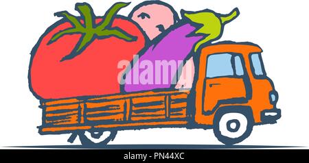 Disegnata a mano Carrello con verdure giganti. Vettore Illustrazione Vettoriale